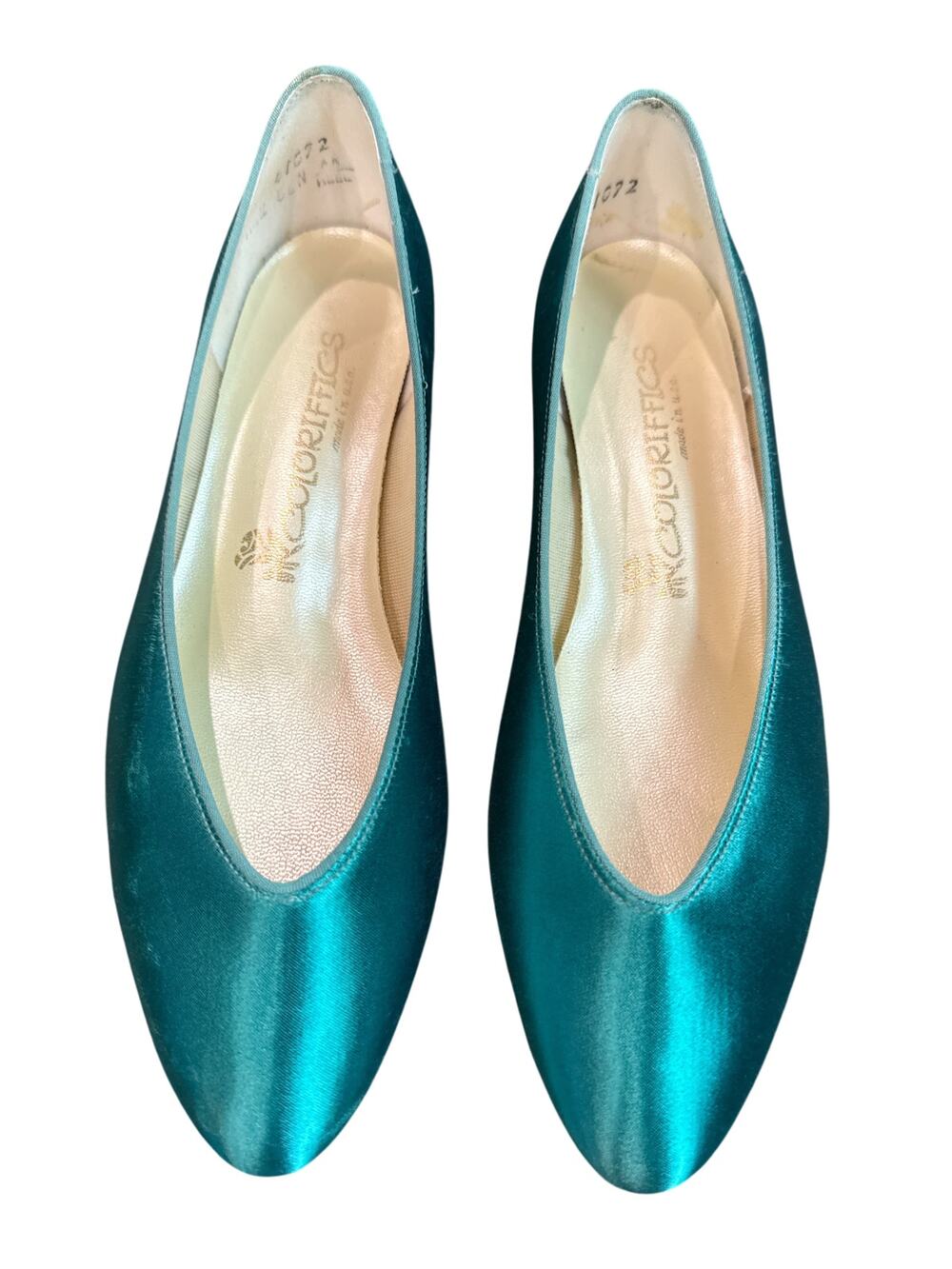 Vintage Coloriffics Teal Satin Flats Womens 8 Made USA Bridal Formal Shoes